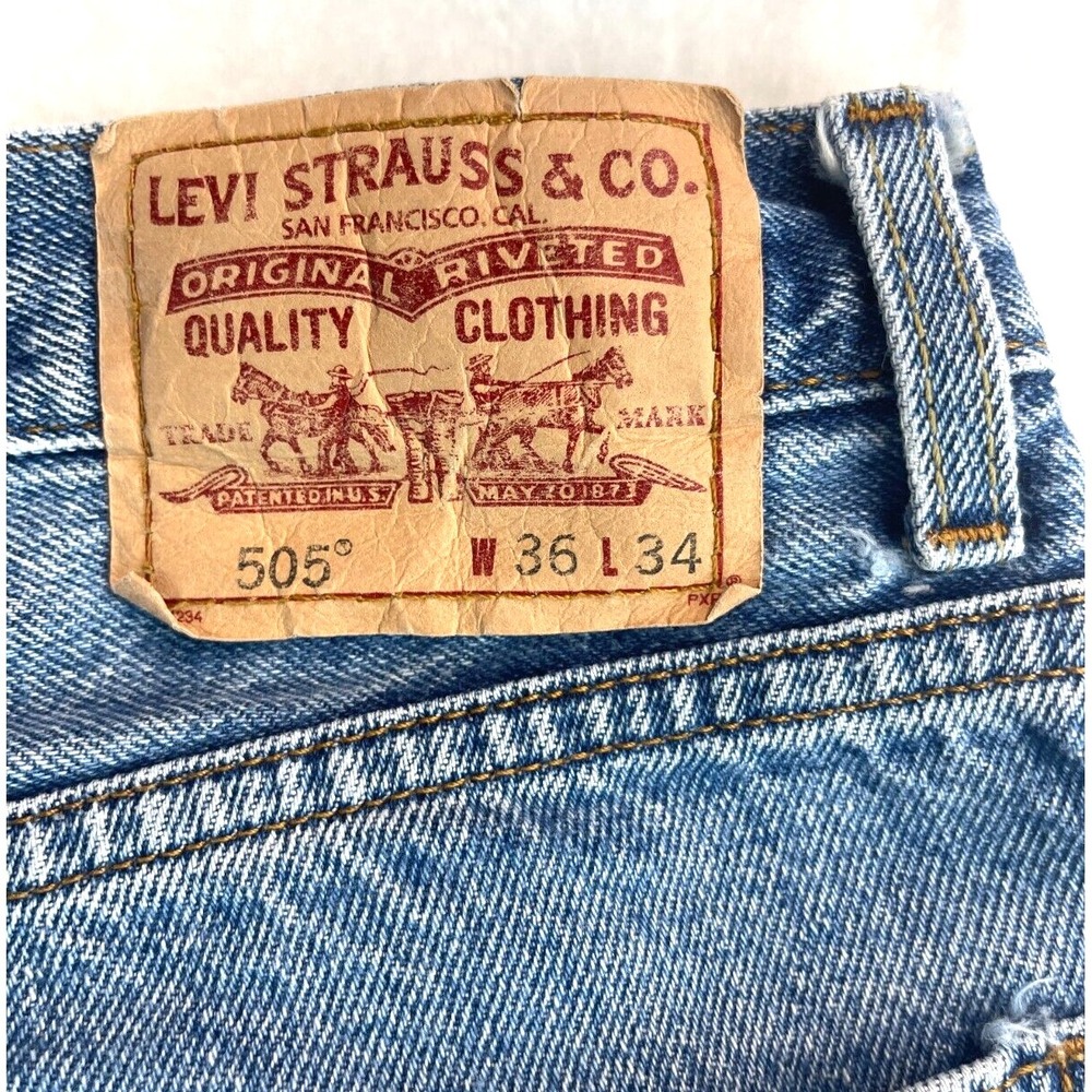 Vtg Levis 505 Denim Jeans Mens Size 36X34 Blue Faded Straight Leg Paint Thrashed